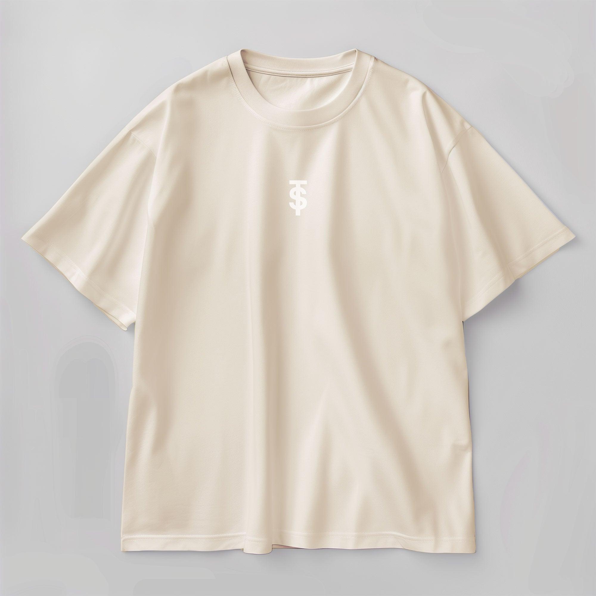 A beige oversized crew neck t-shirt with short sleeves and a front graphic print of the TS logo. 